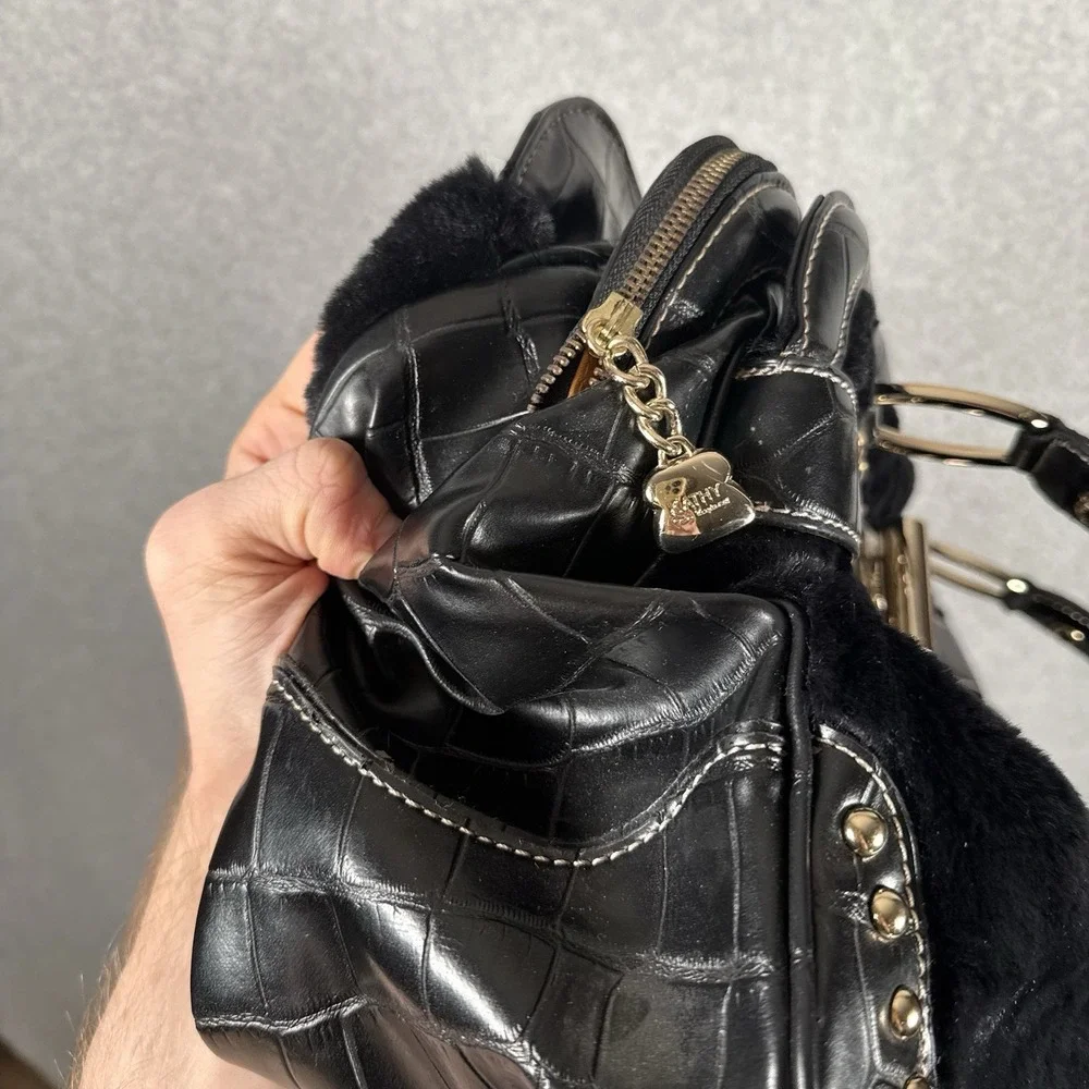 Kathy Van Zeeland Black Satchel Top Handle Zip Studded Bag Charm